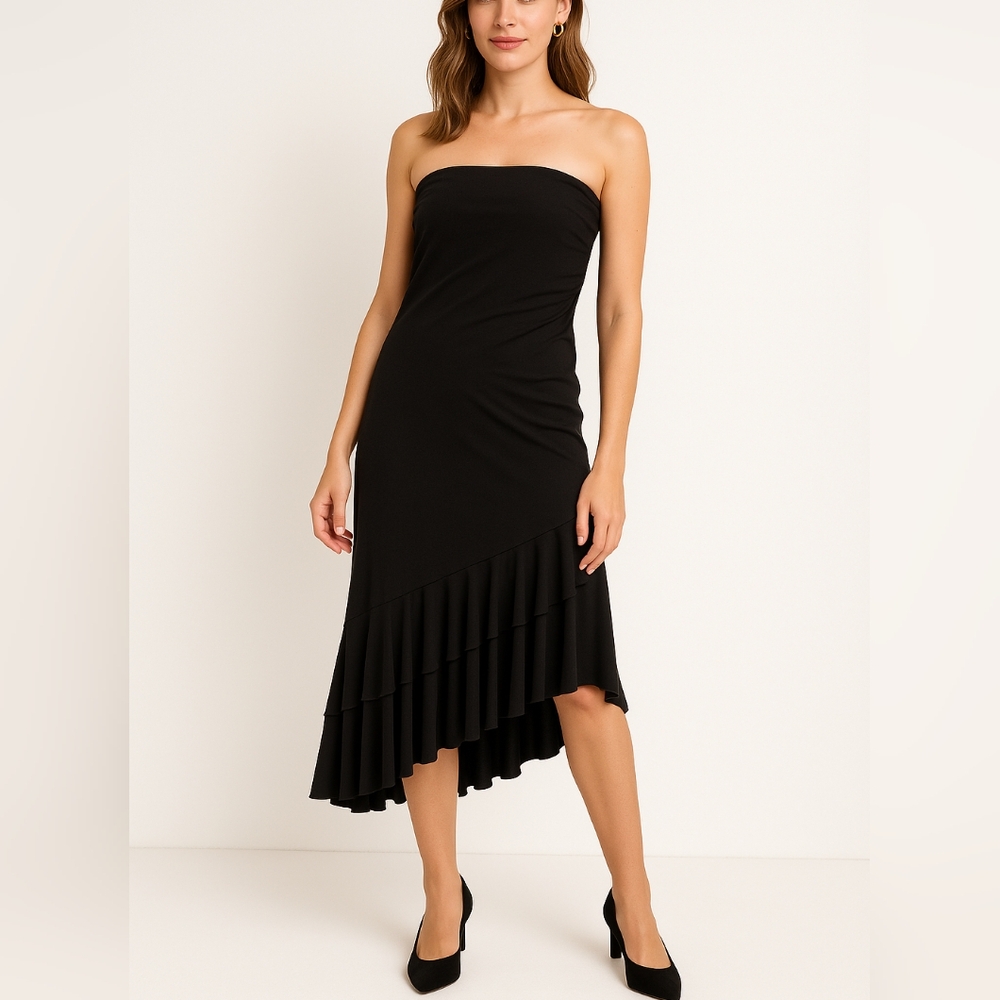 Y2K Black Strapless Ruffle Hem Dress‎ Hypnotix Asymmetrical Goth Grunge Clubwear